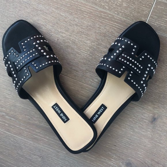 Nine West Shoes - NINE WEST Genesia Leather Studded Summer Slip-On Sandals Black Size 8.5 M